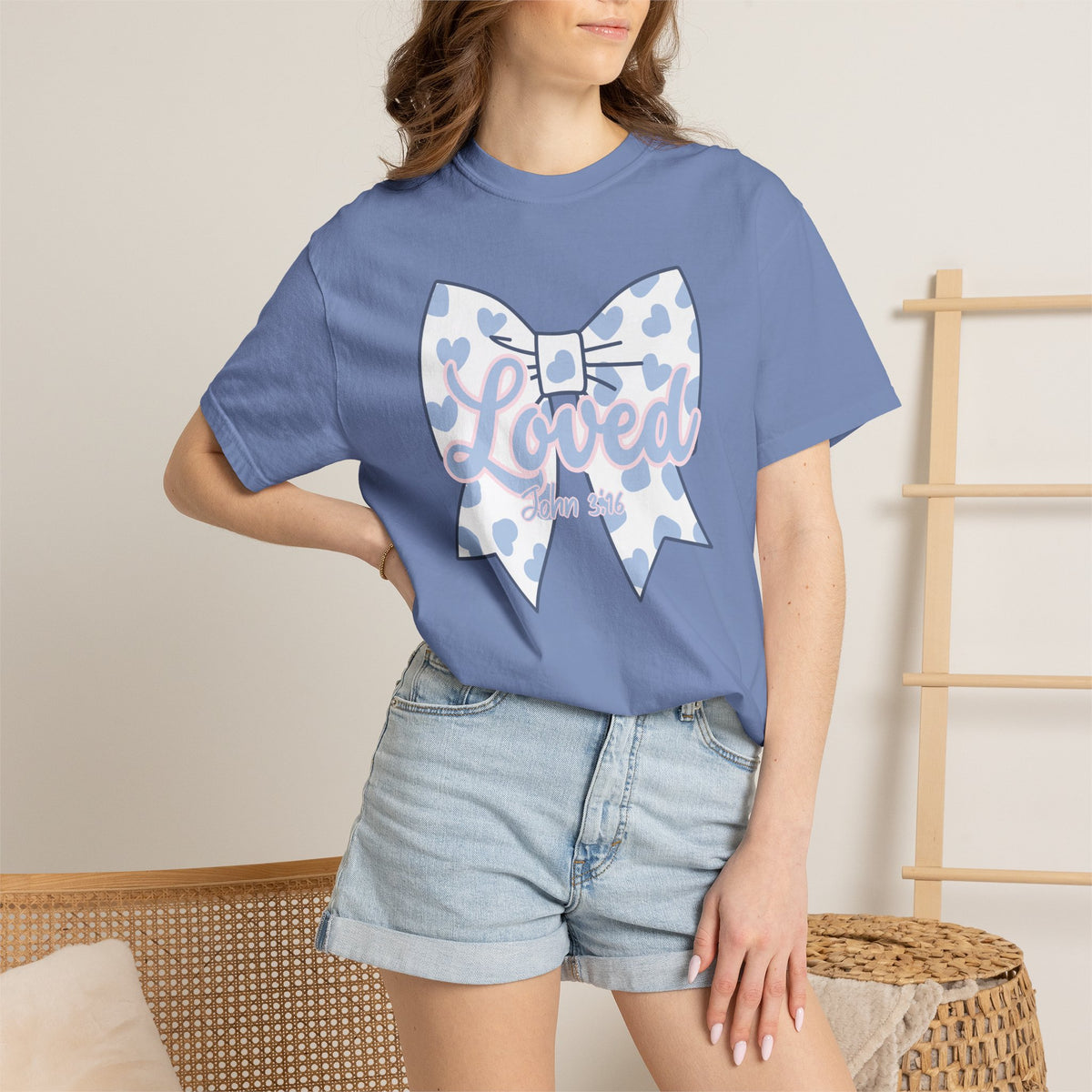 Baby Blue Polka Dot Bow T-Shirt | Christian Faith Graphic Tee