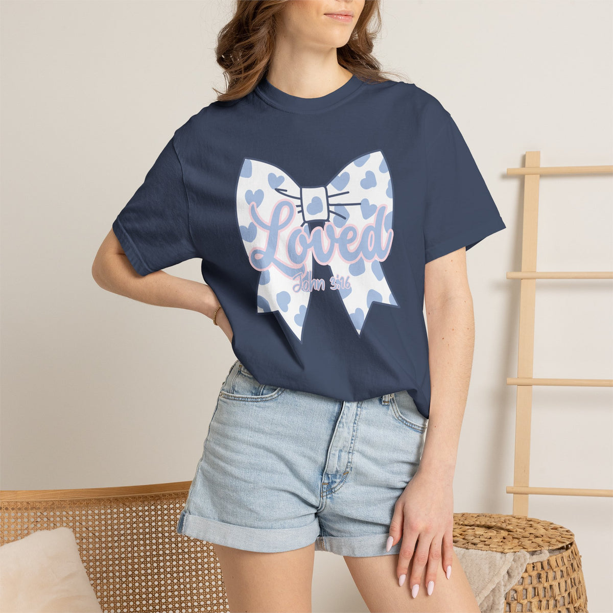 Baby Blue Polka Dot Bow T-Shirt | Christian Faith Graphic Tee