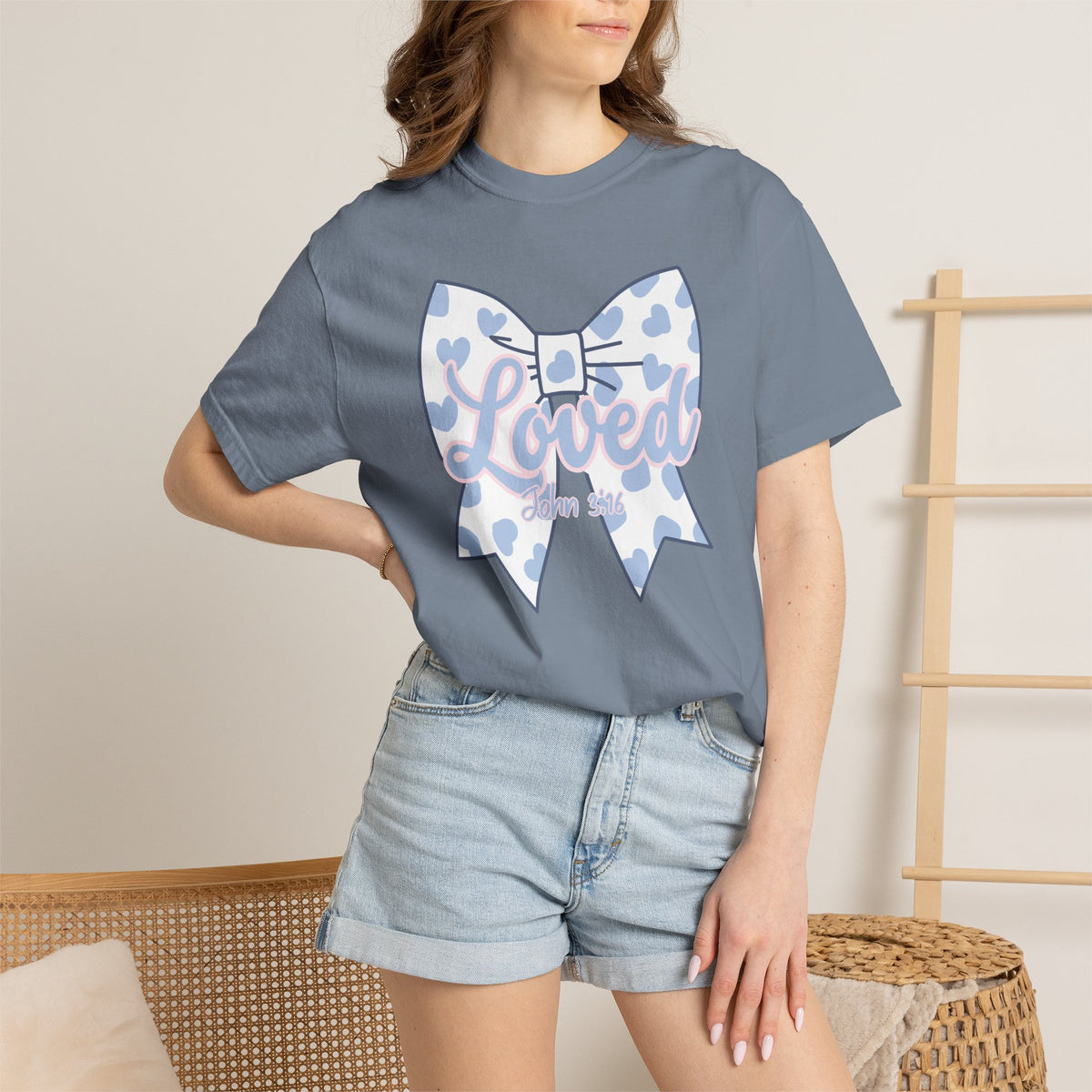 Baby Blue Polka Dot Bow T-Shirt | Christian Faith Graphic Tee