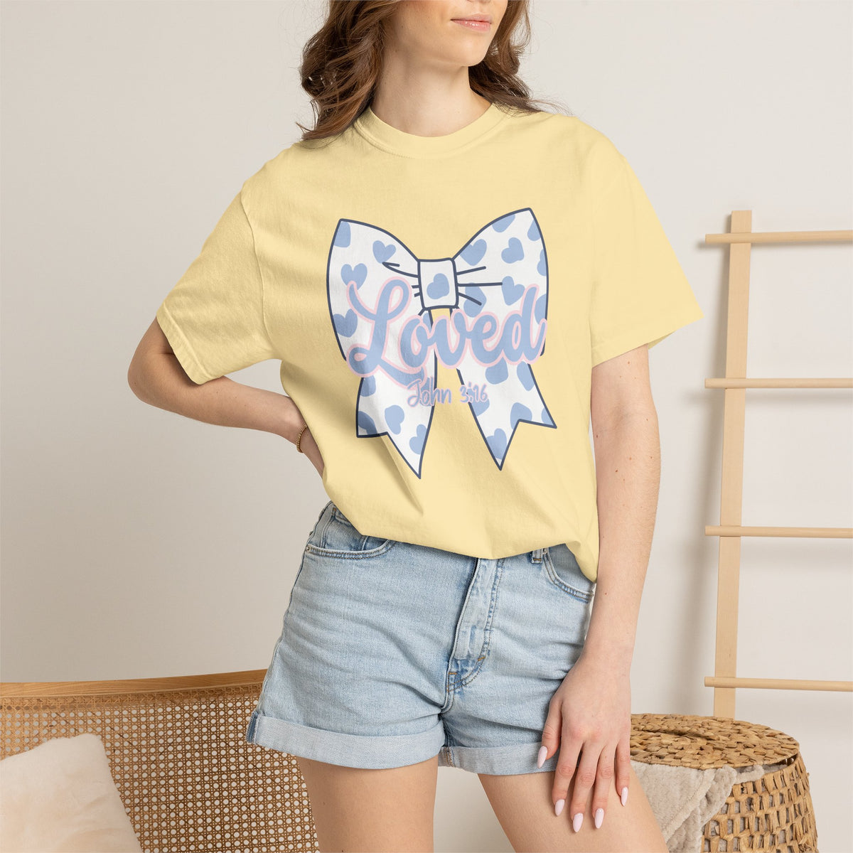 Baby Blue Polka Dot Bow T-Shirt | Christian Faith Graphic Tee