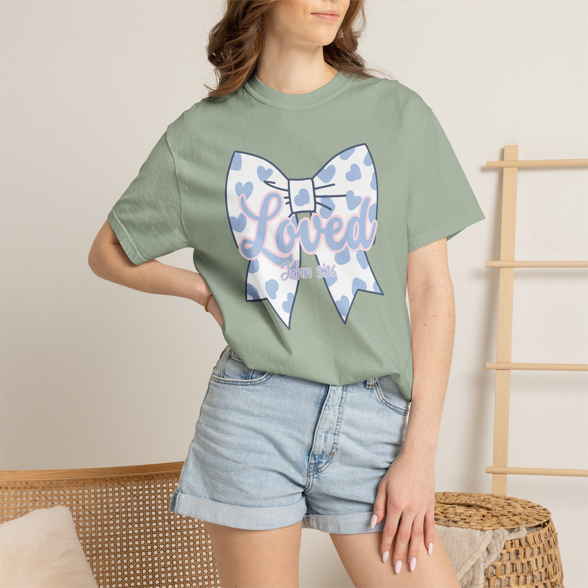 Baby Blue Polka Dot Bow T-Shirt | Christian Faith Graphic Tee