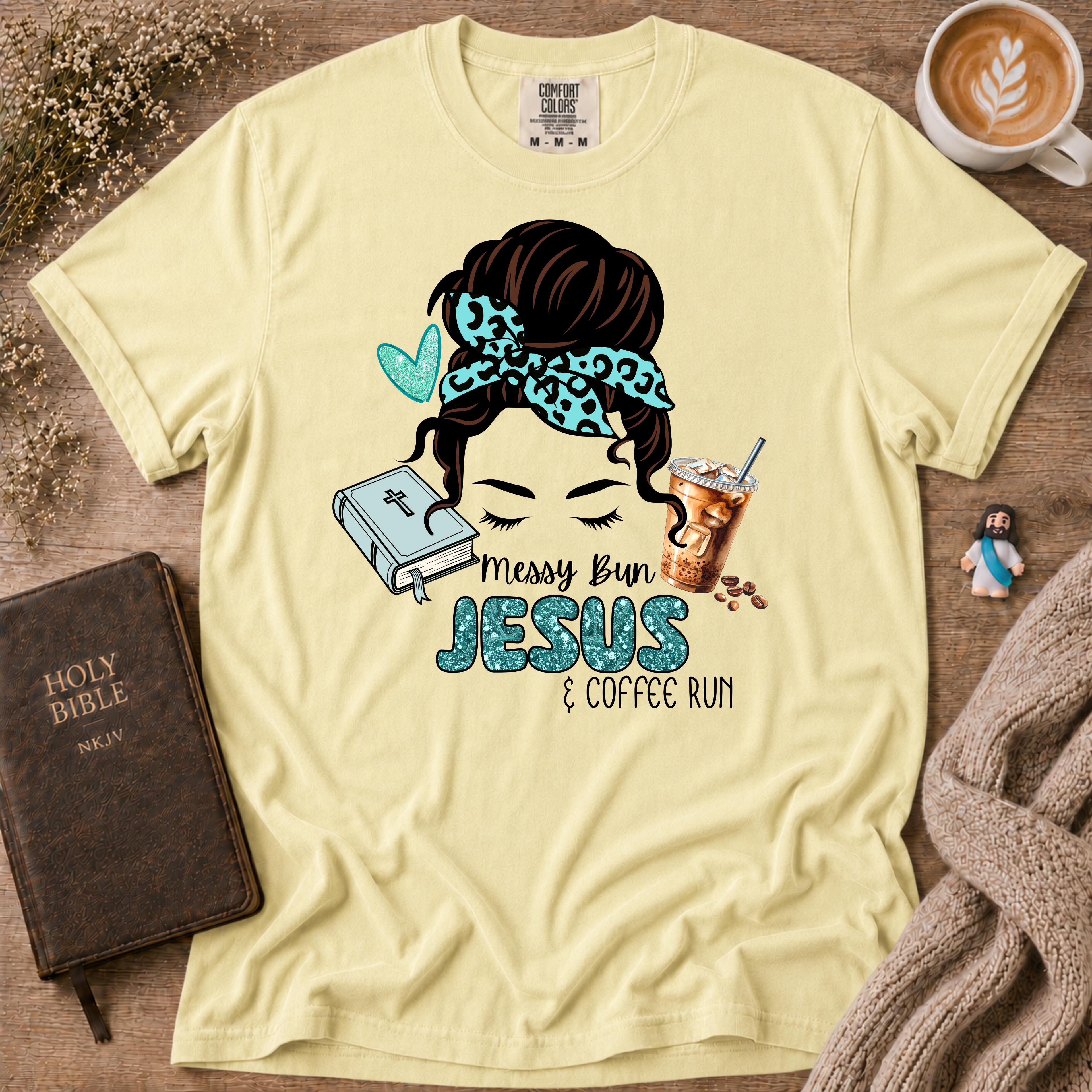 Messy Bun Jesus & Coffee Run T-Shirt | Christian Faith Graphic Tee