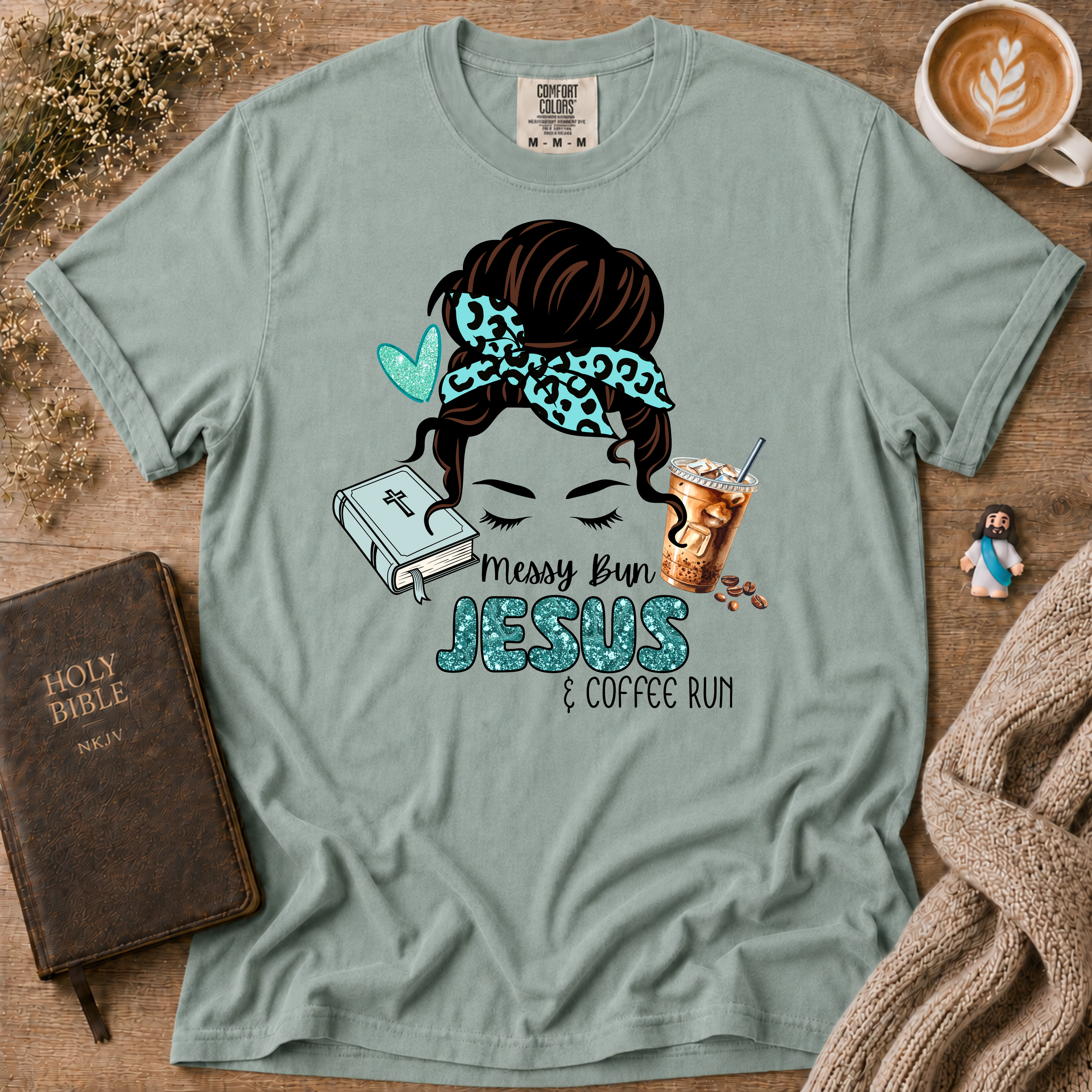 Messy Bun Jesus & Coffee Run T-Shirt | Christian Faith Graphic Tee