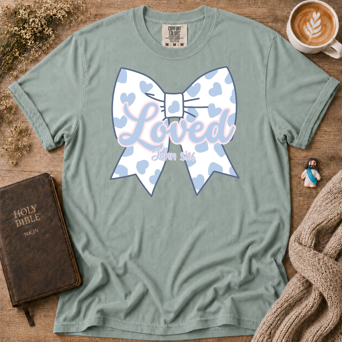 Baby Blue Polka Dot Bow T-Shirt | Christian Faith Graphic Tee