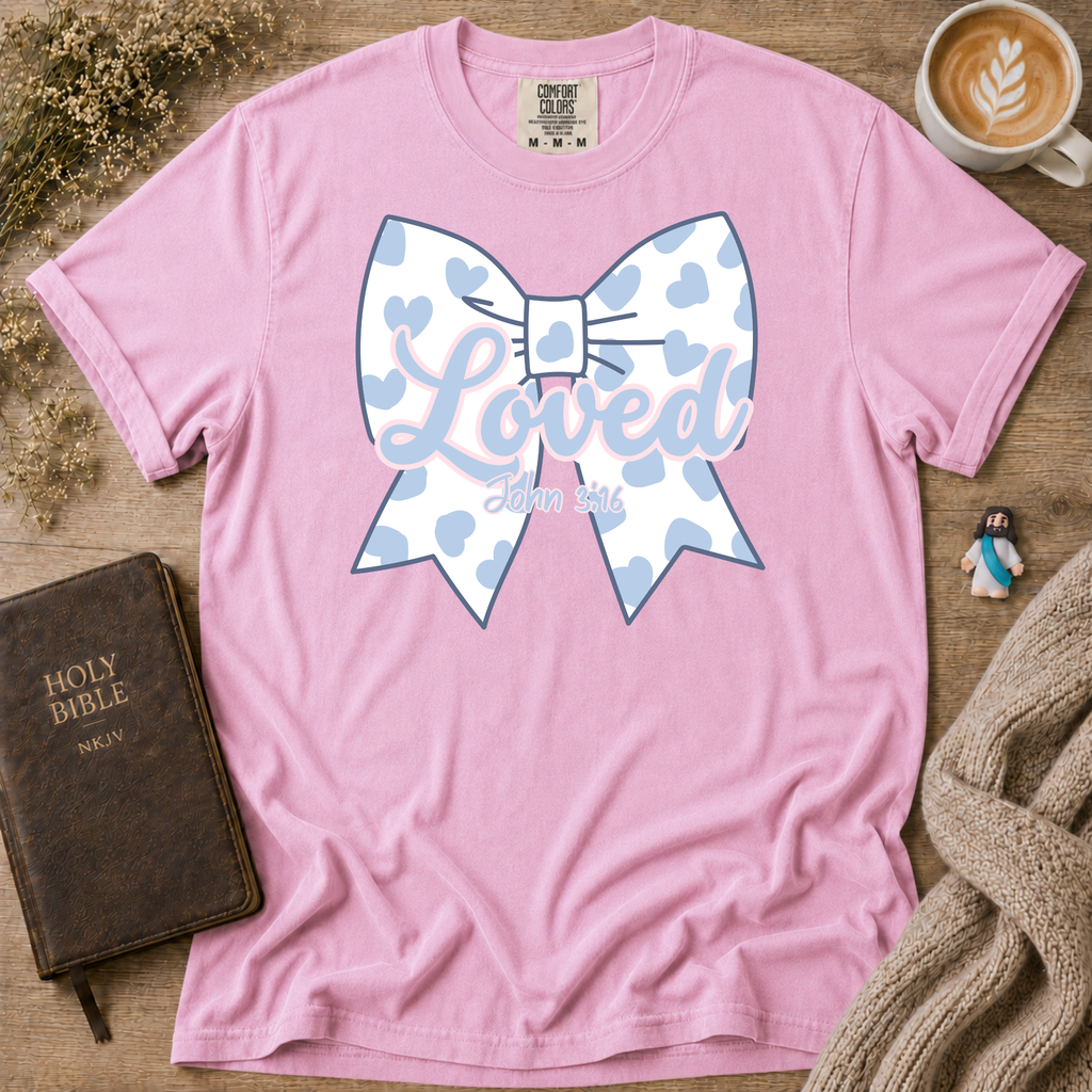 Baby Blue Polka Dot Bow T-Shirt | Christian Faith Graphic Tee