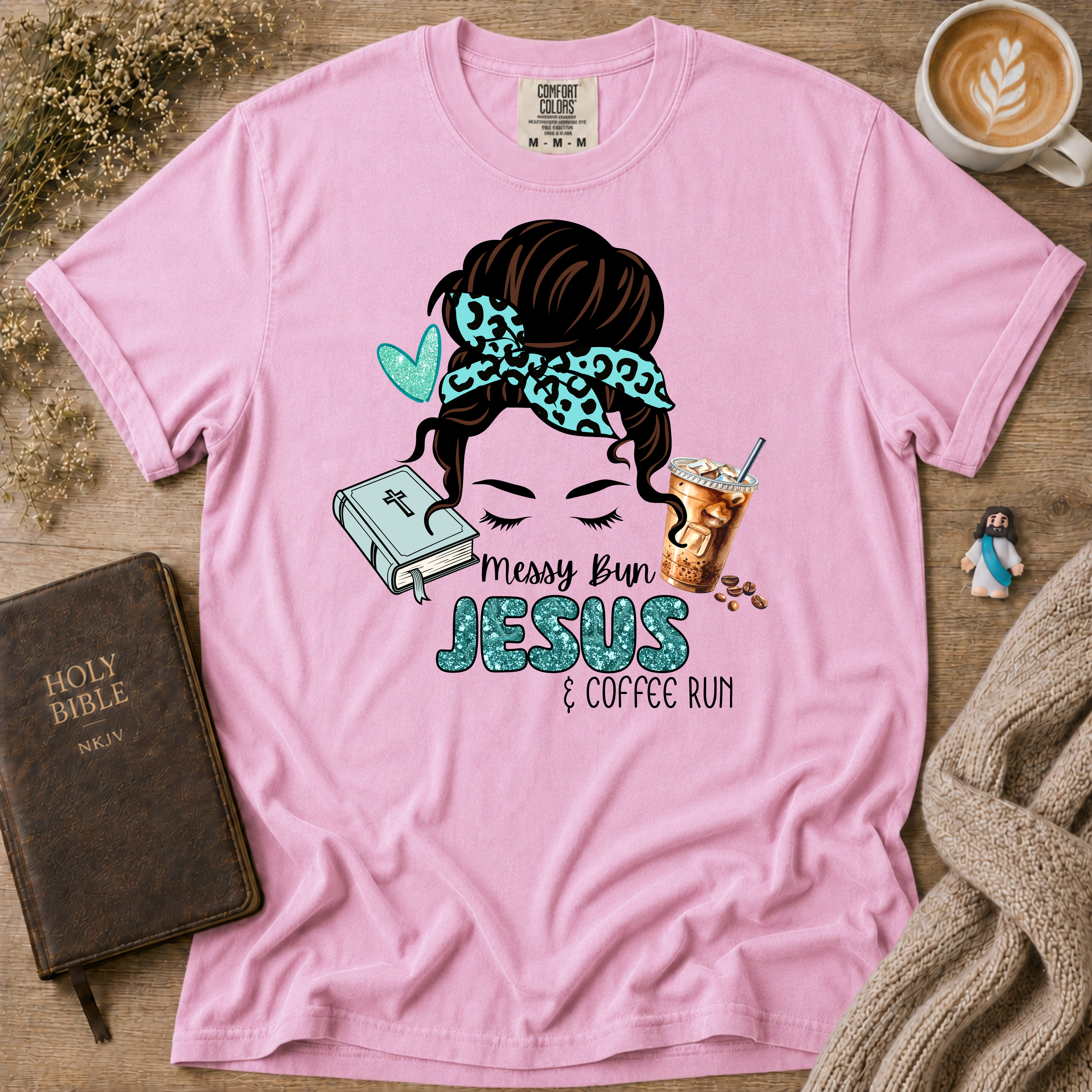 Messy Bun Jesus & Coffee Run T-Shirt | Christian Faith Graphic Tee