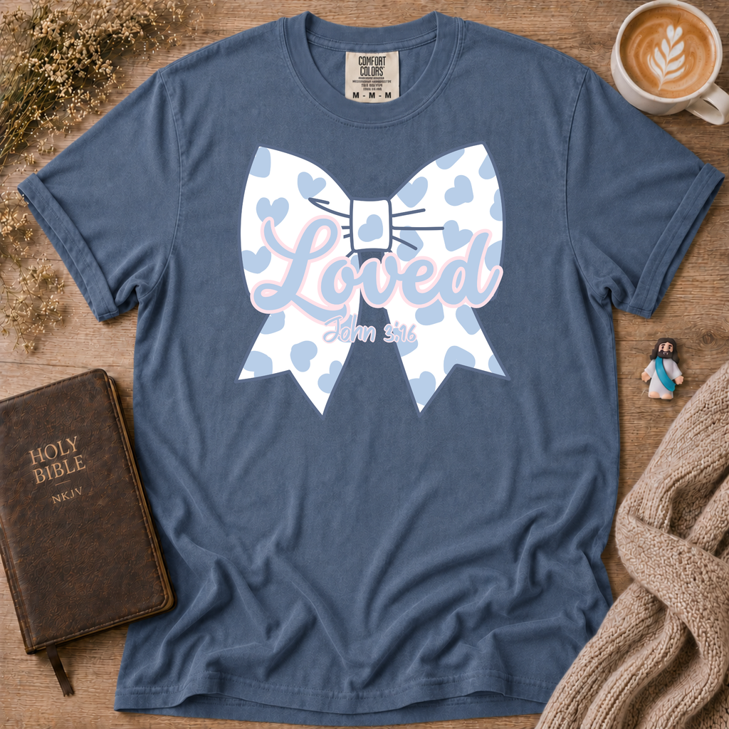 Baby Blue Polka Dot Bow T-Shirt | Christian Faith Graphic Tee