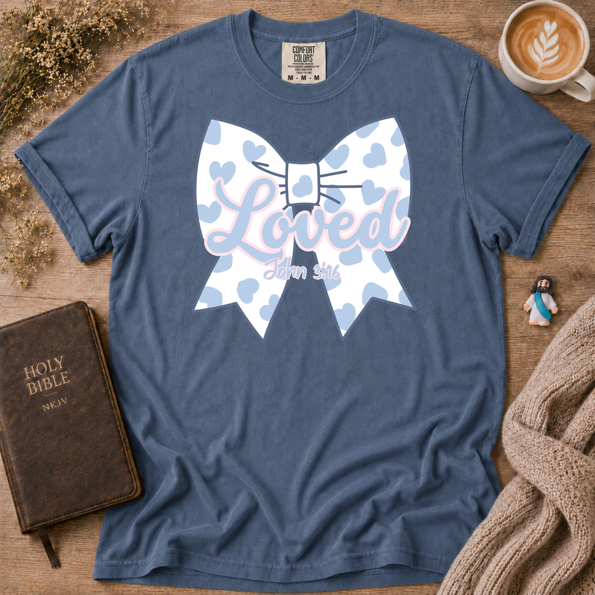 Baby Blue Polka Dot Bow T-Shirt | Christian Faith Graphic Tee