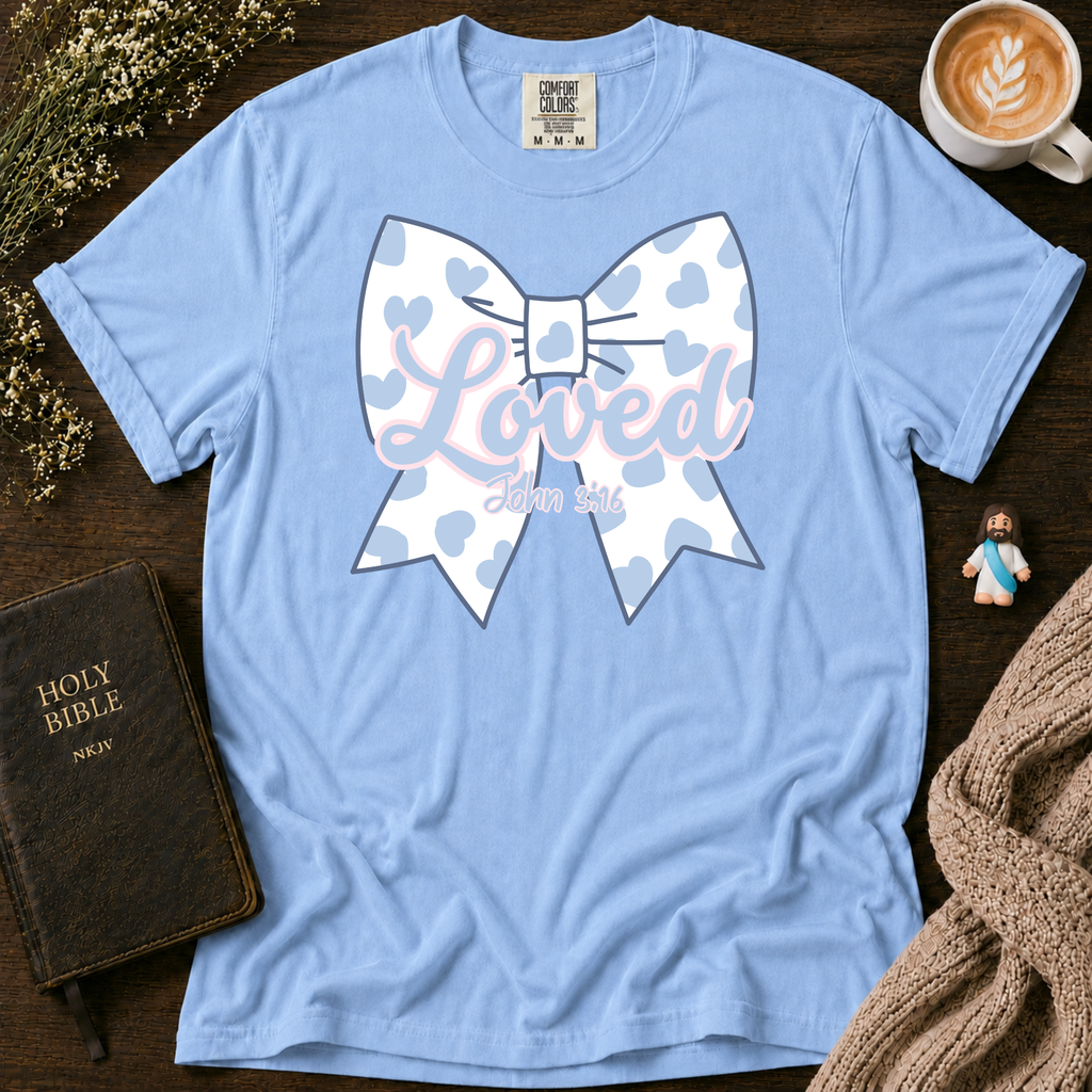Baby Blue Polka Dot Bow T-Shirt | Christian Faith Graphic Tee
