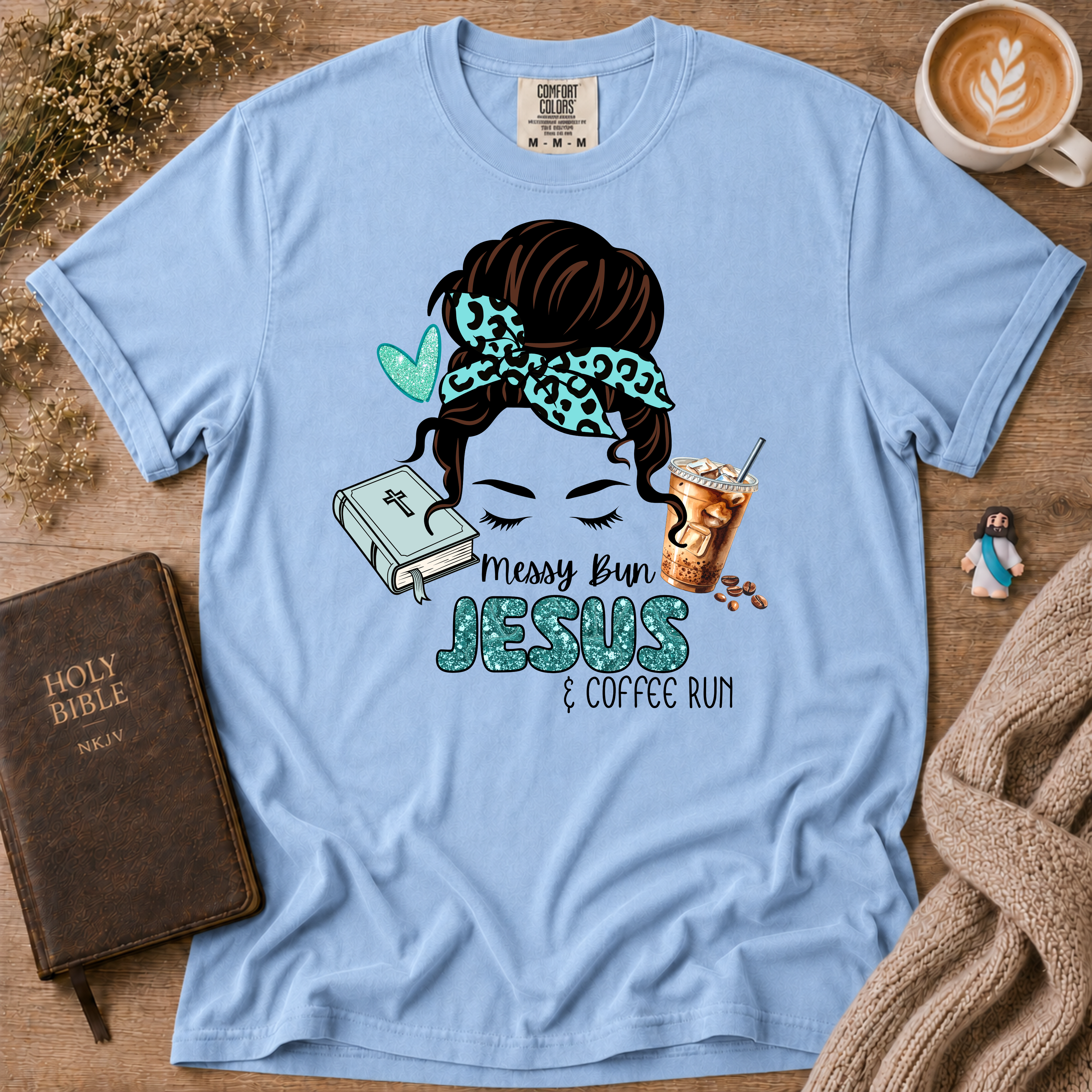 Messy Bun Jesus & Coffee Run T-Shirt | Christian Faith Graphic Tee