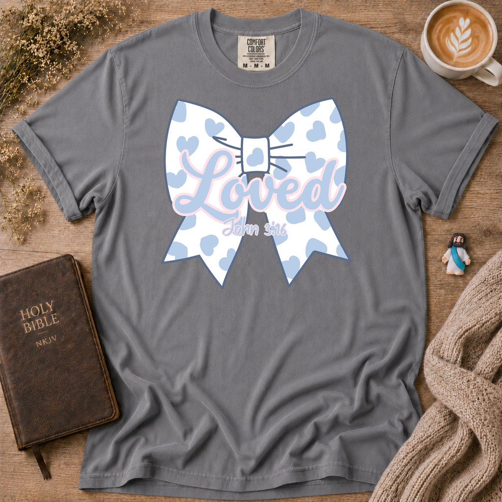 Baby Blue Polka Dot Bow T-Shirt | Christian Faith Graphic Tee
