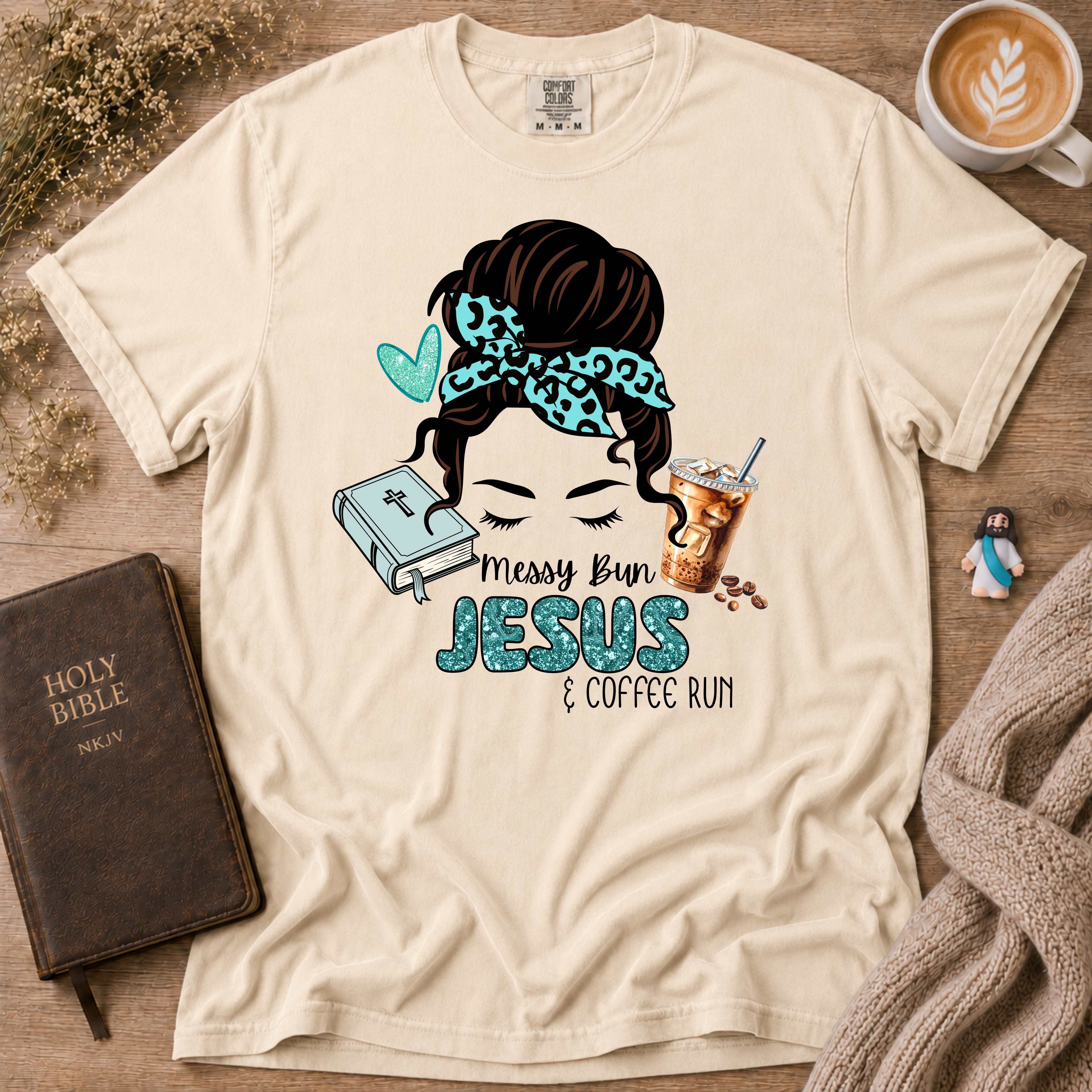 Messy Bun Jesus & Coffee Run T-Shirt | Christian Faith Graphic Tee