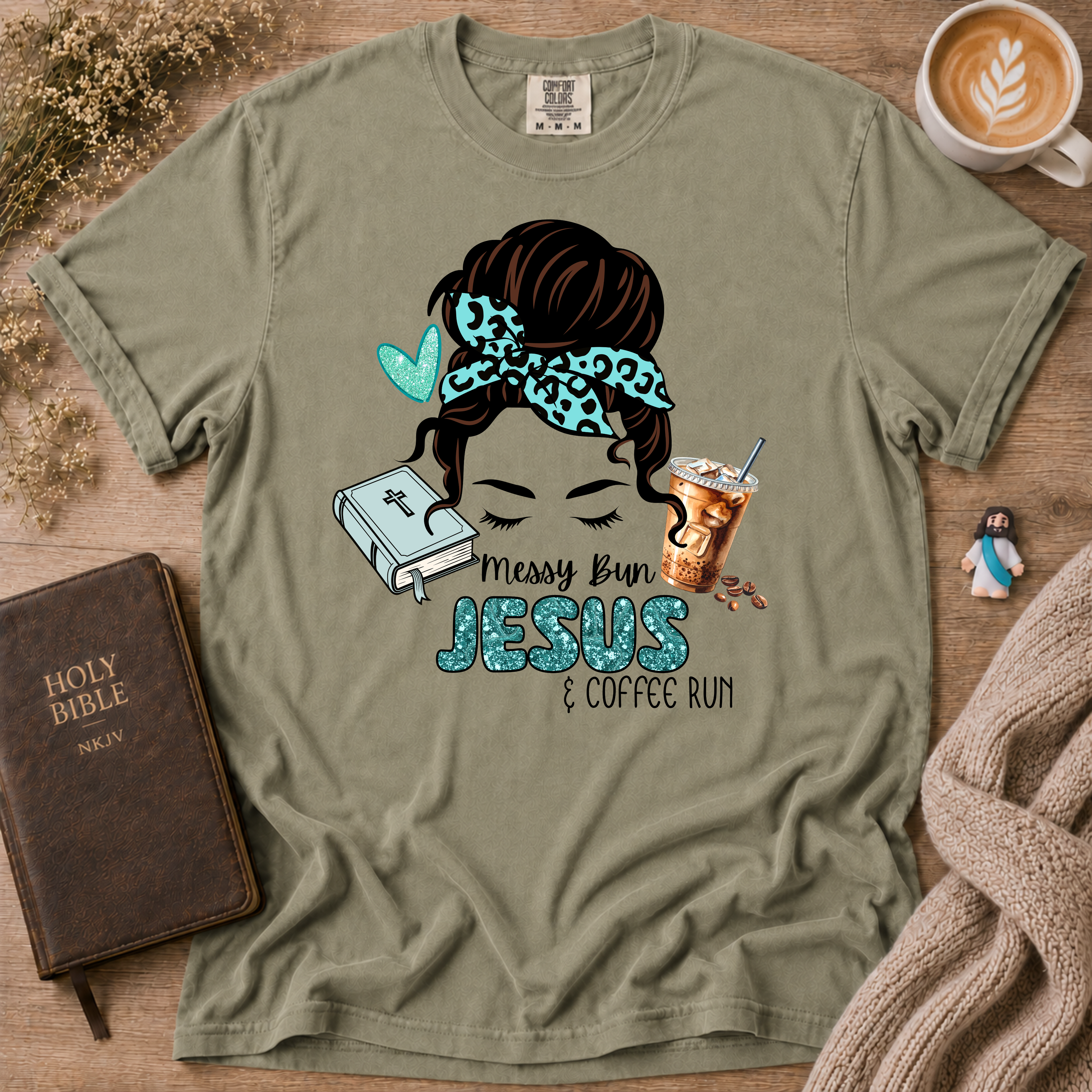Messy Bun Jesus & Coffee Run T-Shirt | Christian Faith Graphic Tee