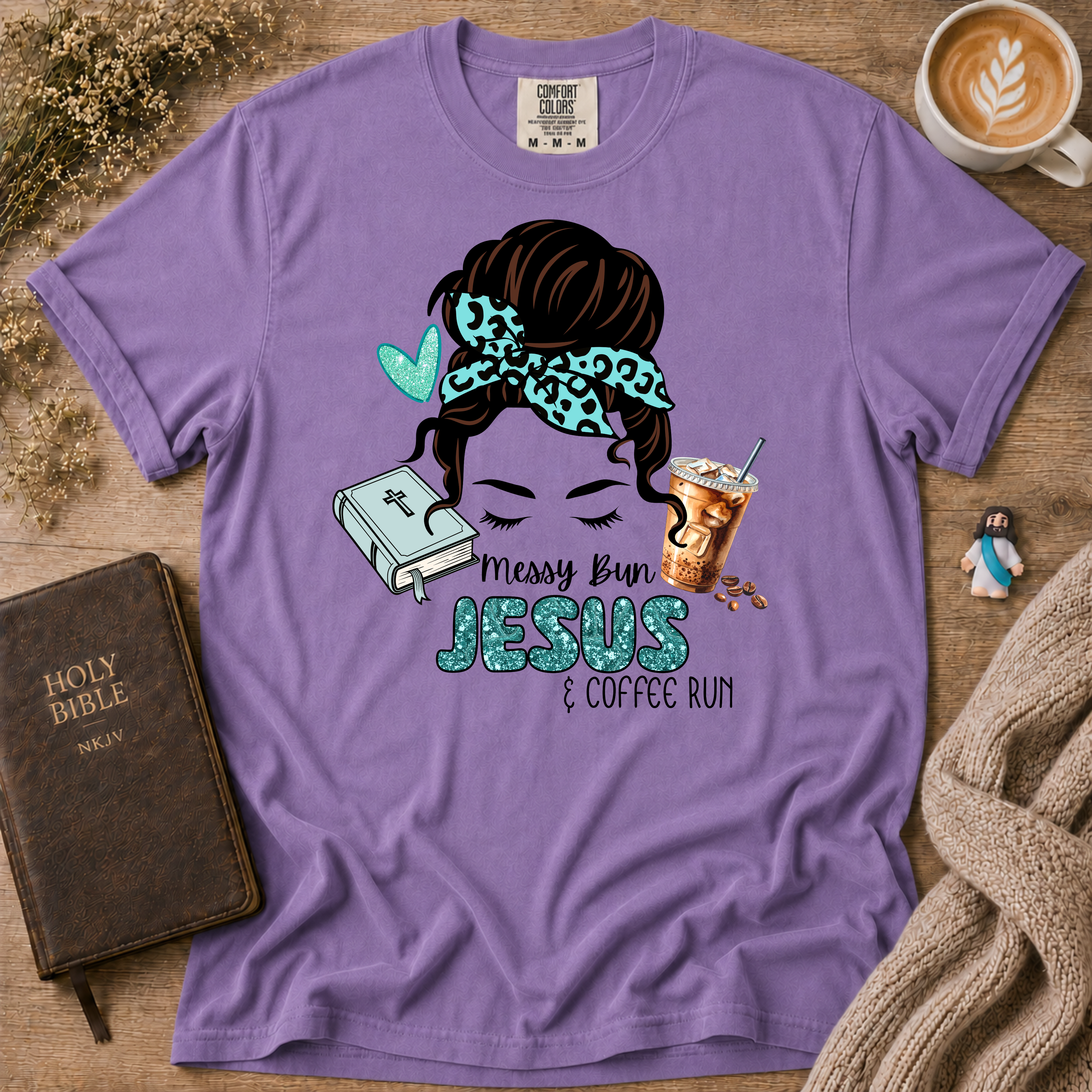 Messy Bun Jesus & Coffee Run T-Shirt | Christian Faith Graphic Tee