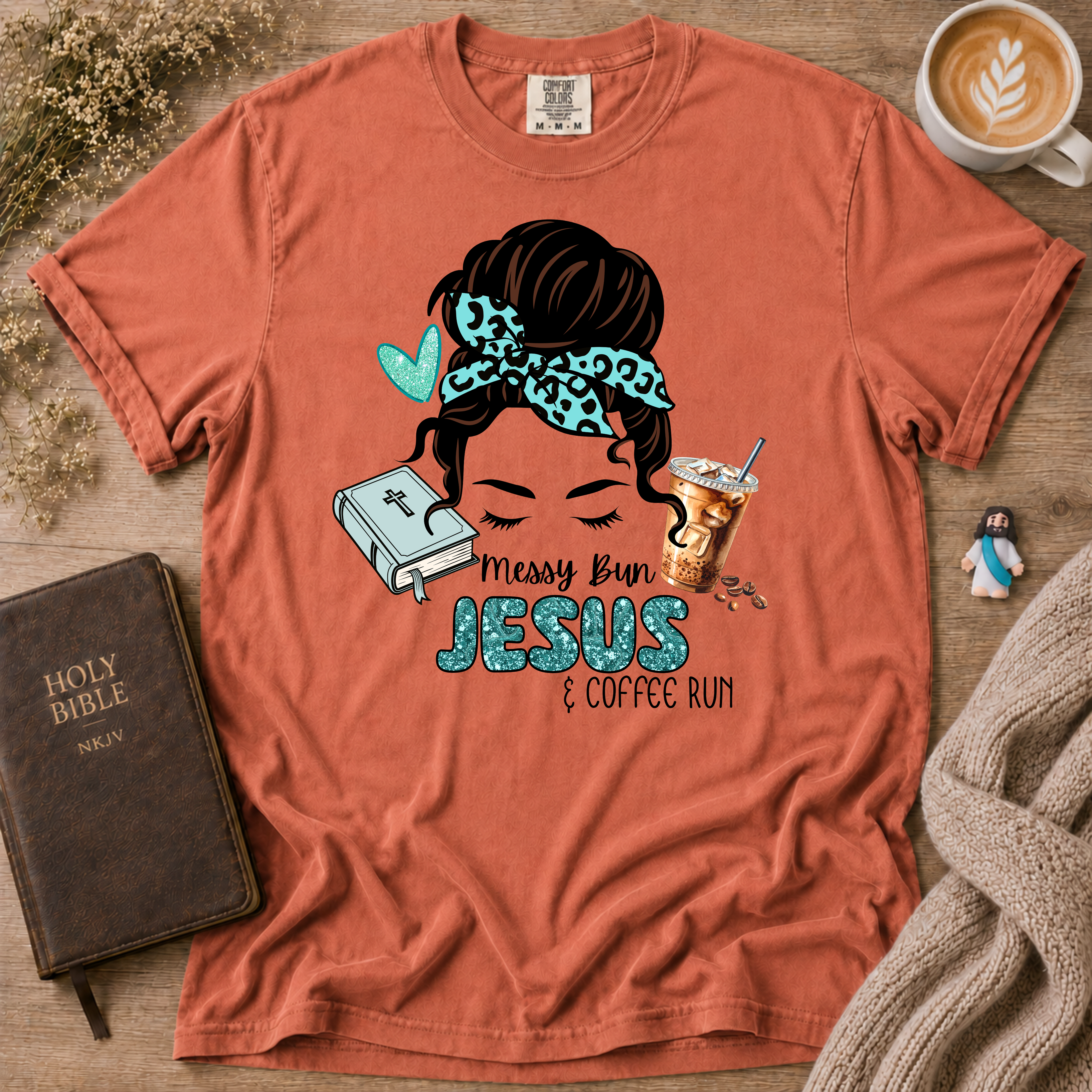 Messy Bun Jesus & Coffee Run T-Shirt | Christian Faith Graphic Tee
