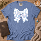 Baby Blue Polka Dot Bow T-Shirt | Christian Faith Graphic Tee