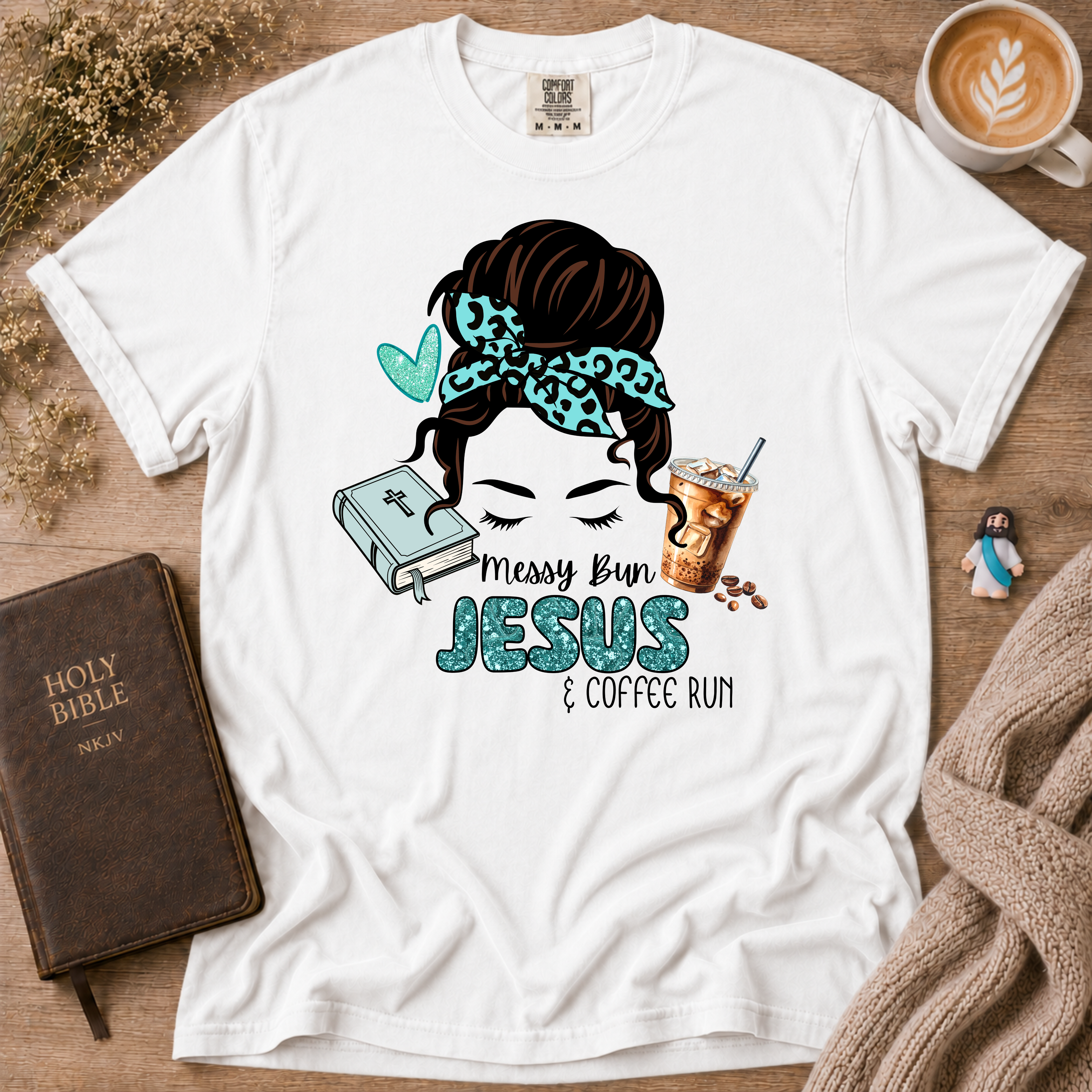 Messy Bun Jesus & Coffee Run T-Shirt | Christian Faith Graphic Tee