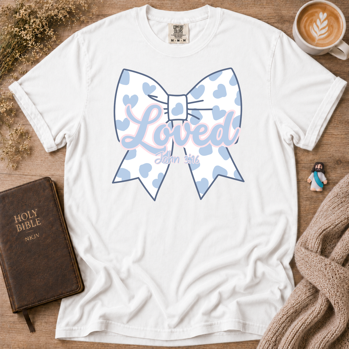 Baby Blue Polka Dot Bow T-Shirt | Christian Faith Graphic Tee